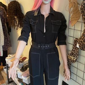 Women Belted Black and White Jumpsuit